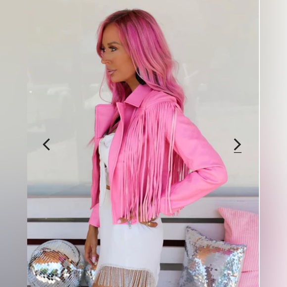 💗SOLD!!! NWT BARBIECORE Pick Me Pink Faux Leather Fringe Jacket💗 - Picture 2 of 7